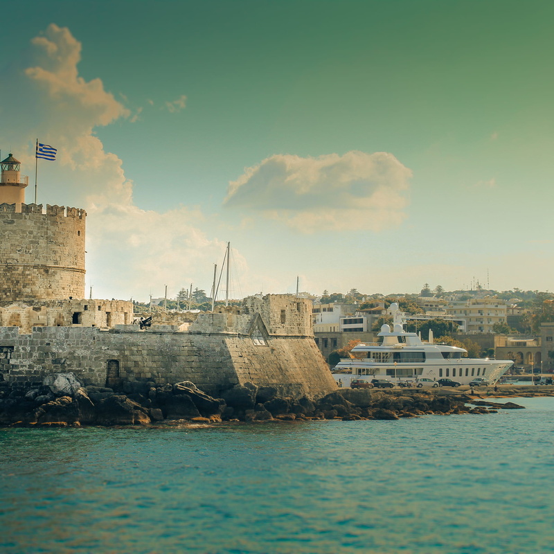 nautical vessel, transportation, day, harbour, water, passenger craft, lighthouse, sea, sky, architecture, building, historic, 1080P, rhodes, cloud - sky