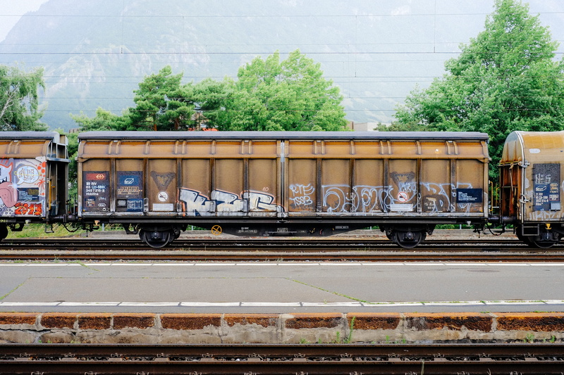 architecture, day, dig, material, industry, cargo, load, outdoors, graffiti, leaves, railroad track, freight, transport, daytime, power, black, iron, freight train
