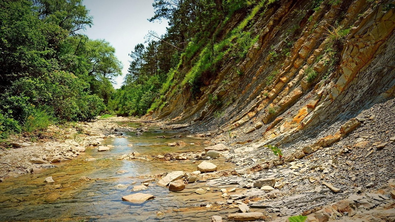 1080P, cliff, river, trees, leaf, rocks, eroding, nature and landscapes, green, mountain
