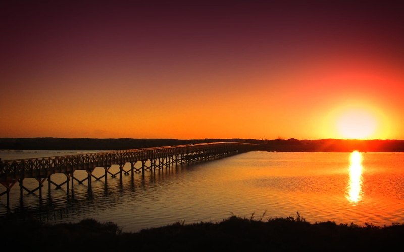 tranquil scene, channel, formosa, orange color, bridge, cloudless, park, wildlife, peaceful, scenics - nature, lago, sunset, tranquility, reflection, ria