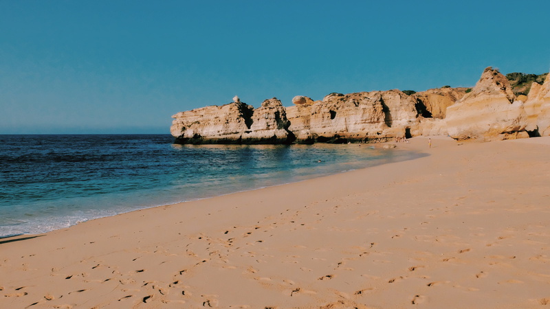 tranquility, no people, portugal, beach, rock, horizon over water, land, sea, algarve, nature, scenics - nature, sky, eroded, beauty in nature, idyllic