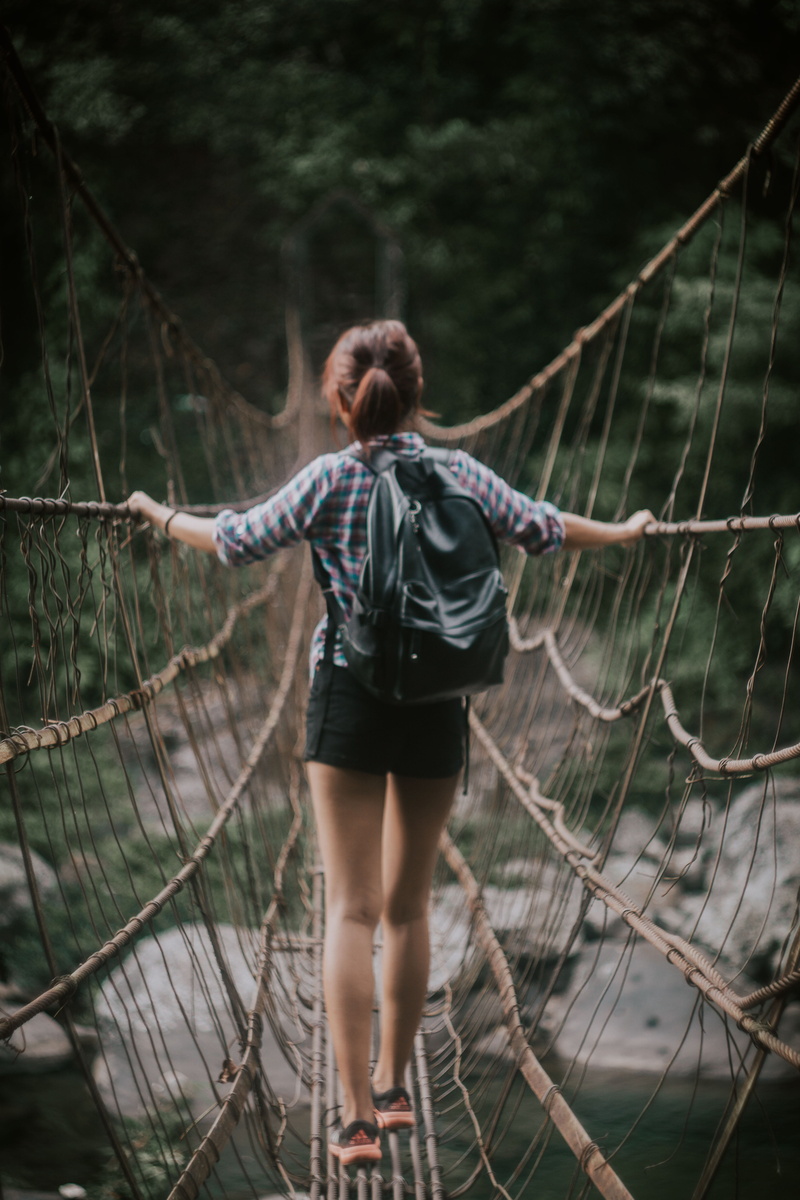 outdoors, standing, meghalaya, vintage, day, land, hanging bridge, rope, women, travelling, fence, shillong, trek, rear view, hairstyle, girl, one person