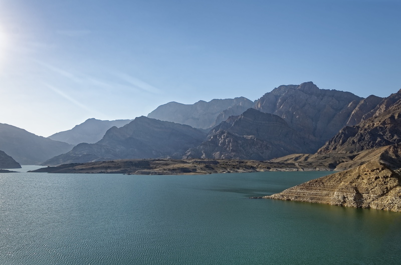 idyllic, tranquil scene, wadi-dayqa dam, clear sky, scenics - nature, copy space, sky, landscape, remote, tranquility, beauty in nature, nature, waterfront