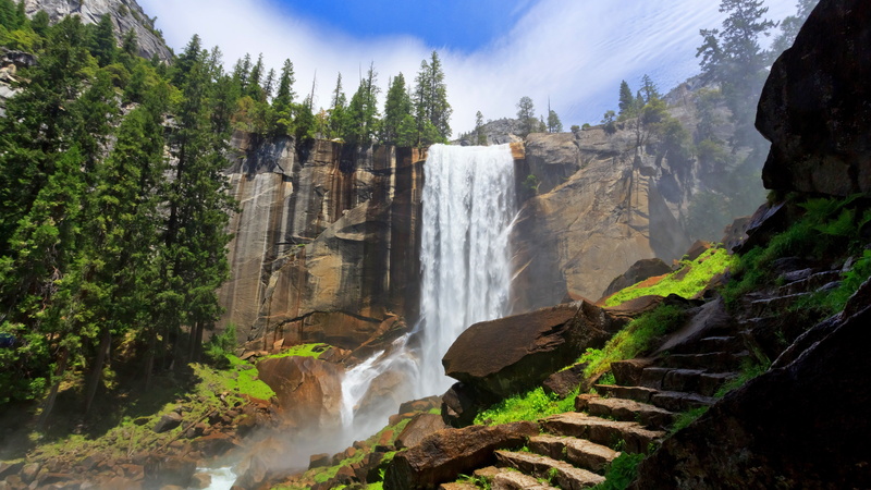 5K, merced river, united states, escarpment, vernal falls, stairs, vernal fall, usa, body of water, california, national park, waterfall
