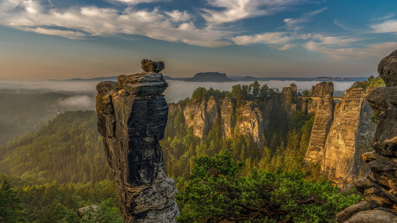 idyllic, rock - object, plant, rock formation, solid, escarpment, non-urban scene, real people, cliff, national park, cloud - sky, saxon switzerland national park