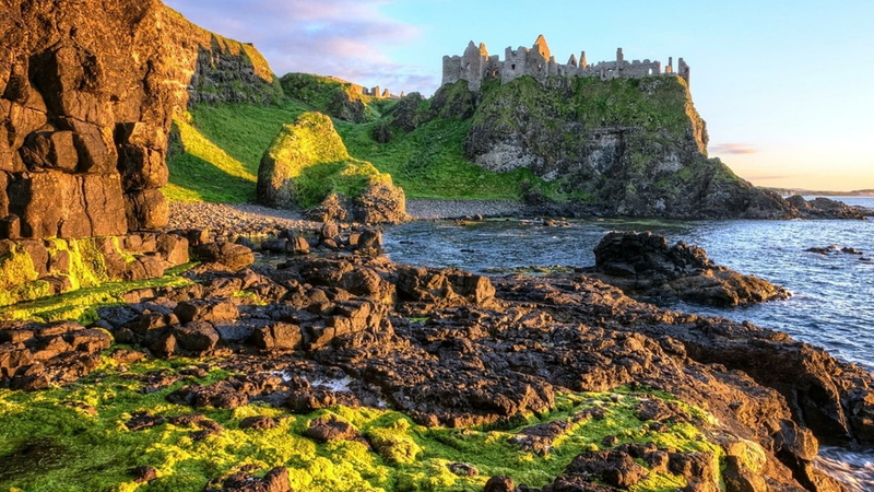 rock, landscape, ireland, medieval architecture, ruin, europe, sky, escarpment, ruins, bushmills, dunluce castle, castle, klippe, united kingdom, coast