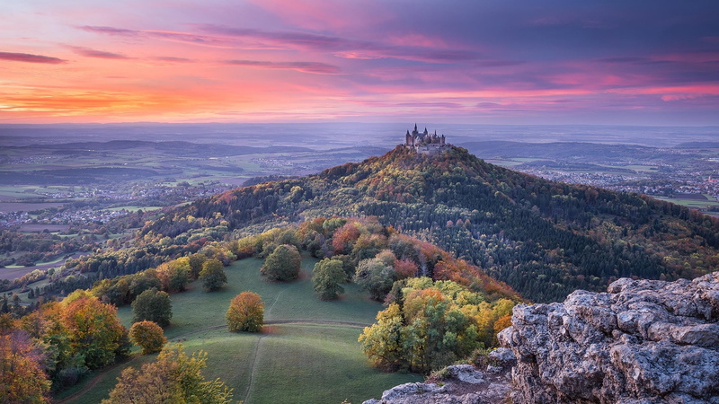 hill, bavaria, bisingen, europe, autumn, baden württemberg, 1080P, germany, evening, horizon, landscape, hohenzollern castle, baden-wurttemberg, castle