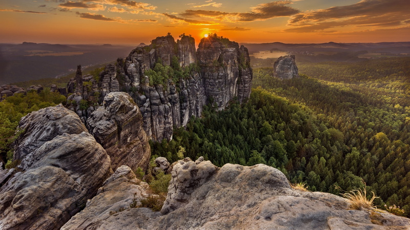 solid, elbleitenweg, scenics - nature, sunset, sky, tranquility, non-urban scene, landscape, pine tree, escarpment, no people, elbe valley, land, saxon switzerland national park