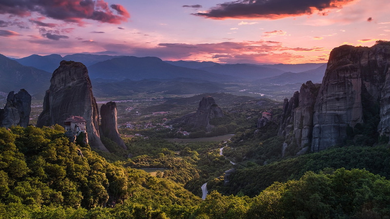 rock formation, tourist attraction, meteoras, sky, tranquil scene, scenics - nature, rock - object, cloud, sunset, greece, pine tree, rock, meteora monasteries