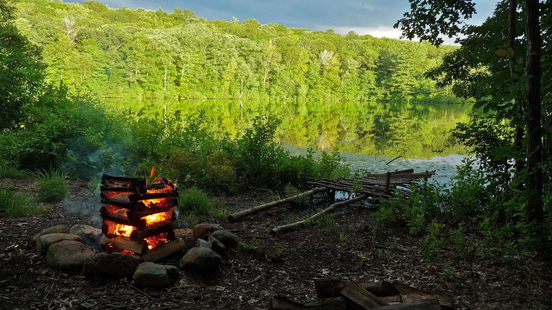 trees, lake, nature, forest, 1080P, camp, fire, hd