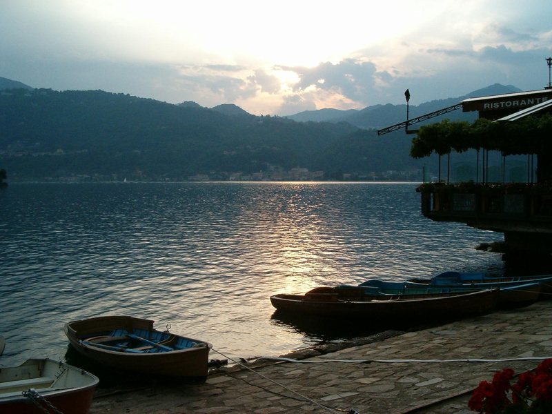 boats, 1080P, mountains, lago, orta, sunset, d, 3d and abstract, water, lake, italy