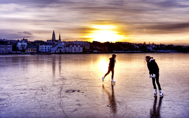 frozen, skating, hdr, 3d and abstract, lake, 1080P, girls