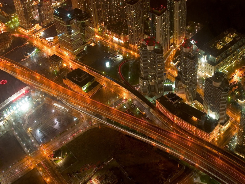 nightlife, architecture, photo, road, long exposure, office building exterior, built structure, modern, cityscape, high angle view, 720P, city, residential district