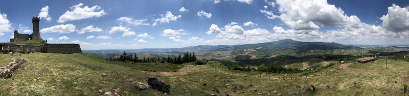 building exterior, scenics - nature, tree, toscana, plant, architecture, history, wilderness, italy, 8K, landscape, land, mountain, val dorcia, panoramic valley view of radicofani fortezza (val dorcia