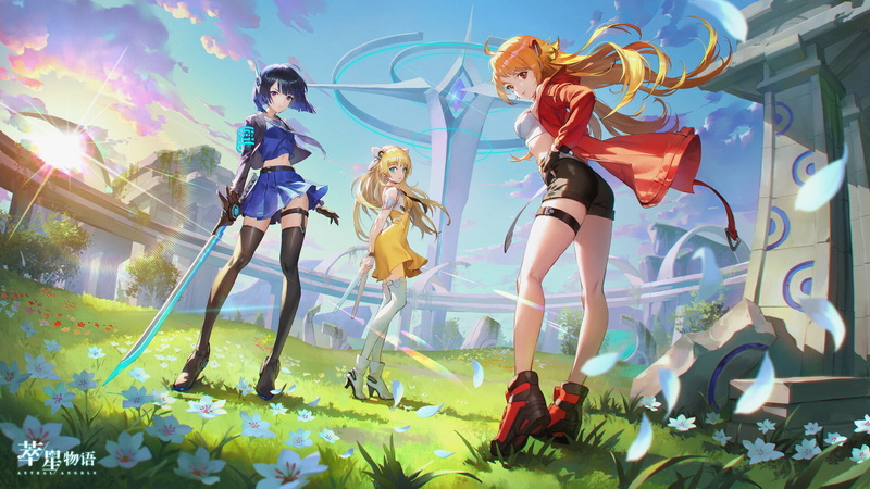 drawing, video game art, weapon, blue hair, grass, 1080P, sword, boots, anime girls, sunlight, women, Astral Angels, petals, blonde, Bluezima, low-angle