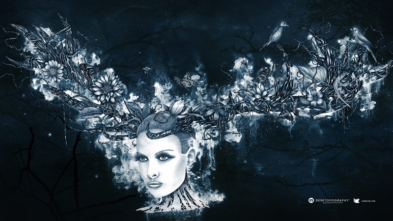 animals, Desktopography, creativity, cold temperature, dark, no people, female likeness, butterfly, Erithacus Rubecula, indoors, trees, fantasy art, Esa Kivelä