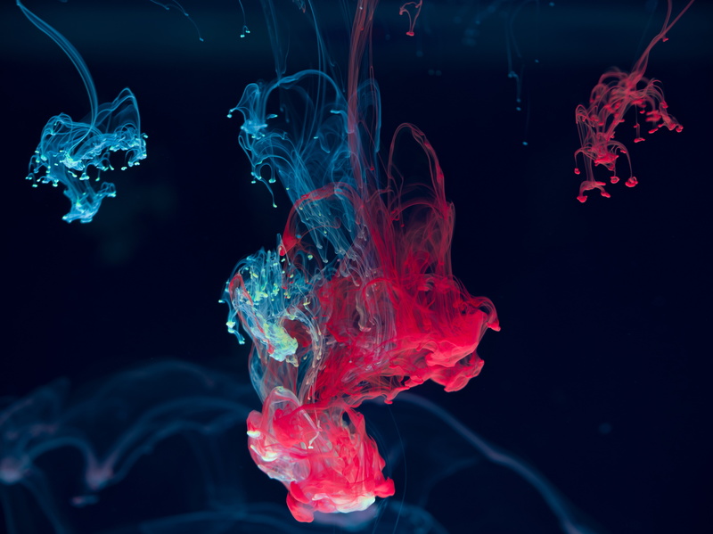 blue, water, ink, blending, drops, paint, 5K, red