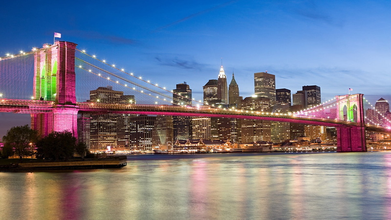 building, bridge, USA, tall - high, built structure, building exterior, concrete, reflection, skyscraper, brown, illuminated, night, Brooklyn Bridge, tower