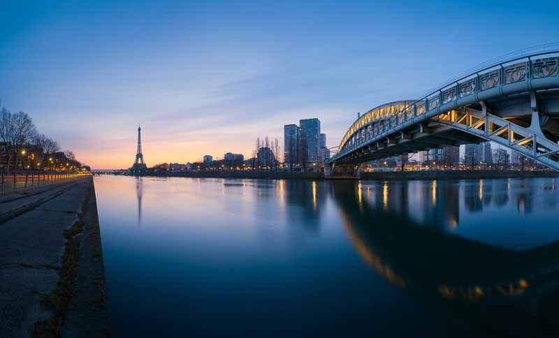travel destinations, dusk, arch bridge, modern, outdoors, transportation, cityscape, white, architecture, Paris, office building exterior, sky, river, bridge - man made structure