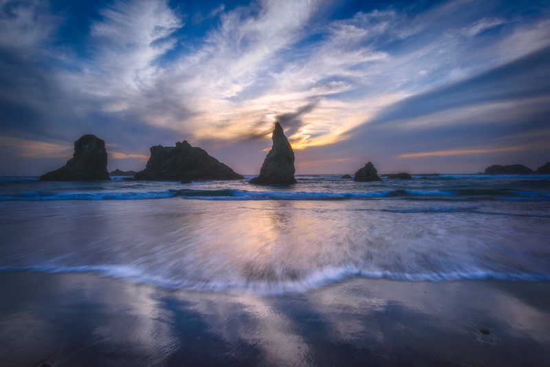 silhouette, landscape, Seastacks, sea, 5K, rock, long exposure, scenics, sunset, beauty In Nature, outdoors, blue, ocean, water  waves, seashore, smooth