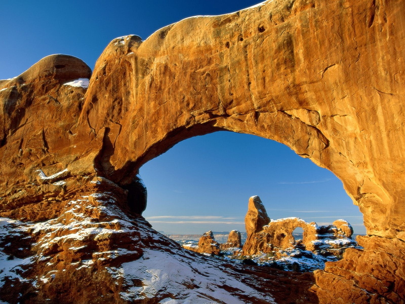 beauty In Nature, sunlight, sky, utah, scenics, stones, geology, 720P, tourism, nature, window, arches National Park, snow, outdoors, rock
