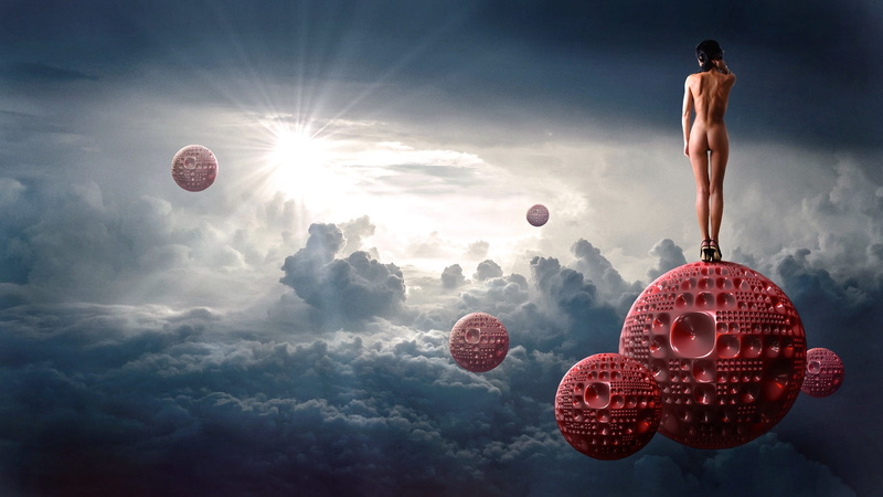 clouds, contemplation, light, clouded sky, adult, hell, fairy tales, mid-air, woman, atmosphere, opportunity, full length, mystical, flight, ball, rear view