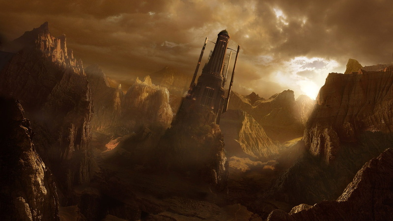 clouds, cloud - sky, tower, brown, rocks, sun rays, sun, fantasy art, ruined, scenics - nature, panoramic, fog, nature, the past, sunbeam, no people, dramatic sky
