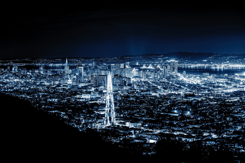 sky, tranquility, no people, San Francisco, Ernest Karchmit, land, building exterior, 5K, illuminated, lights, sea, aerial view, beauty in nature, city