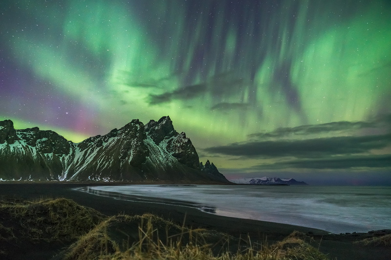 1080P, sea, Sony, coast, sand dunes, stars, nature, night, outdoors, mountain, illustration, Iceland, night  sky, nightscape, northern lights, landscape