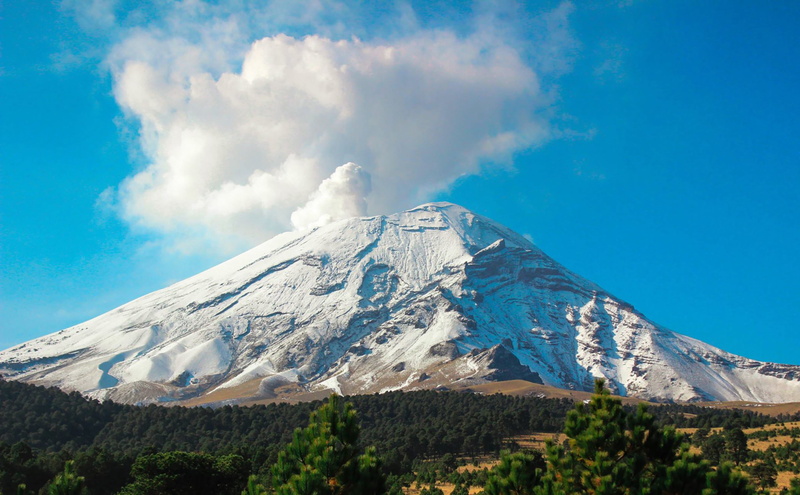 popocatepetl, blue, mountain peak, snowcapped mountain, cloud - sky, ice, cold temperature, volcano, winter, tranquility, sky, tranquil scene, snow, forest