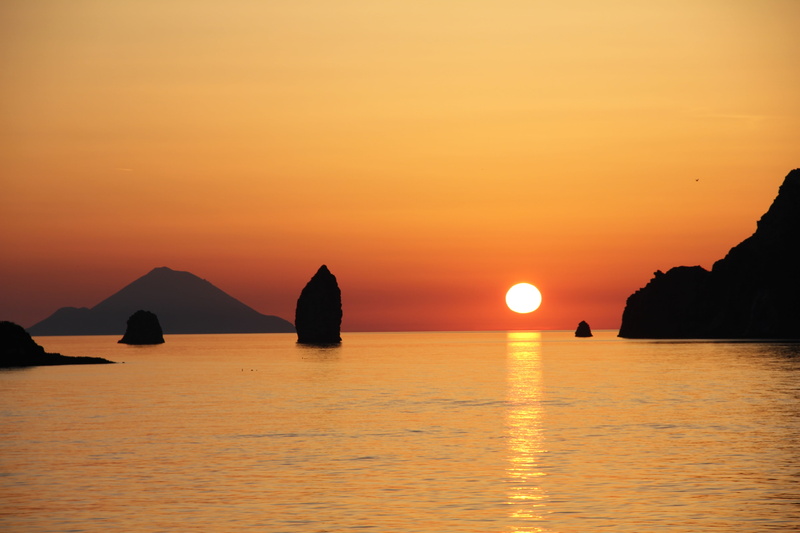 scenics - nature, tranquility, horizon over water, sun, water, sky, tranquil scene, orange color, sunset, vulcano, waterfront, 5K, rock, outdoors, aeolian islands