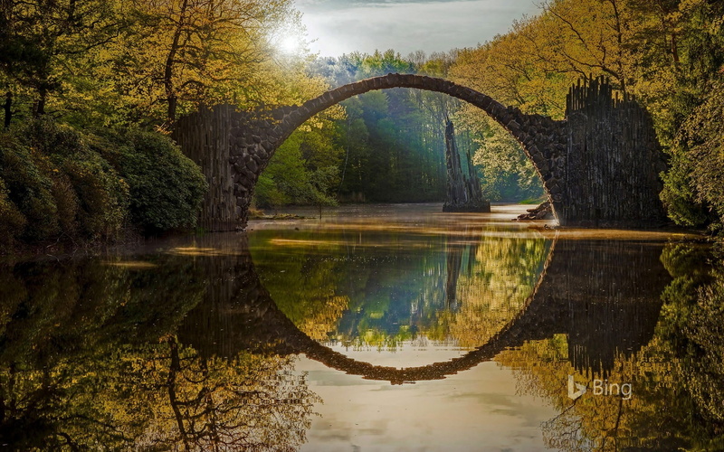 bing, outdoors, saxony, no people, kromlau, lake, water, reflection, tranquil scene, nature, plant, architecture, arch bridge, scenics - nature, tranquility