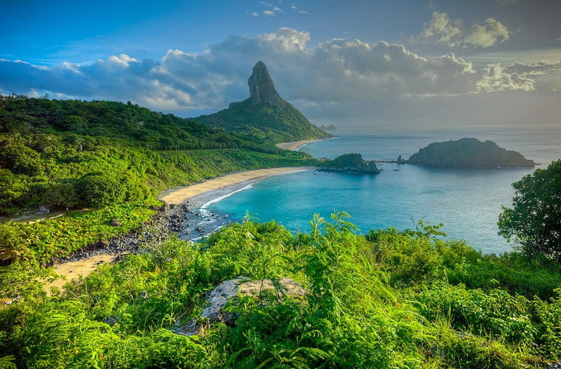 summer, Brazil, volcanic crater, landscape, cloud - sky, growth, sea, tropical, turquoise colored, water, non-urban scene, plant, clouds, 480P, sky, Fernando de Norhona