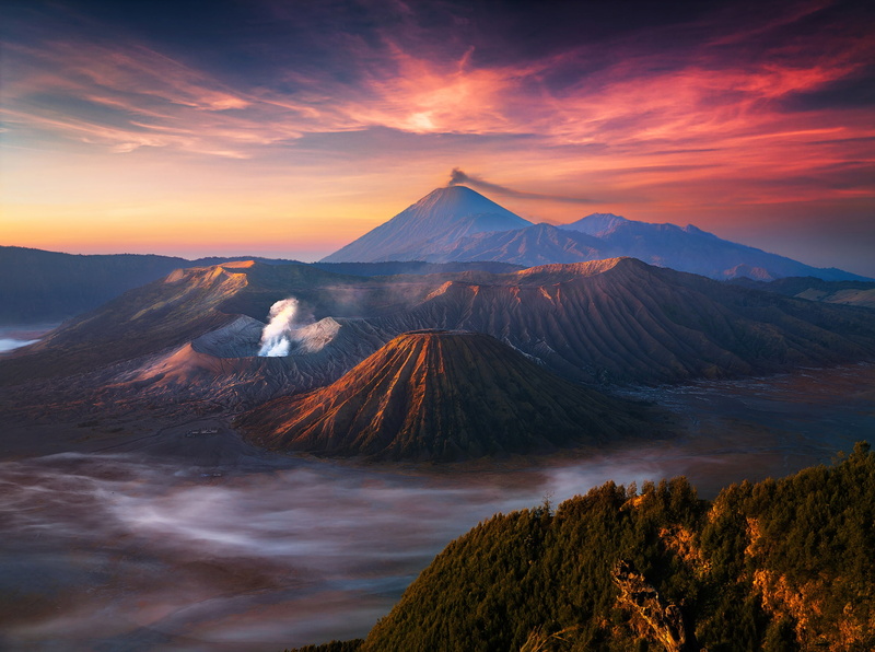Tengger, Indonesia, morning, active volcano Bromo, 1080P, Java, clouds, volcanic complex-the Caldera TenGer, the sky, fog