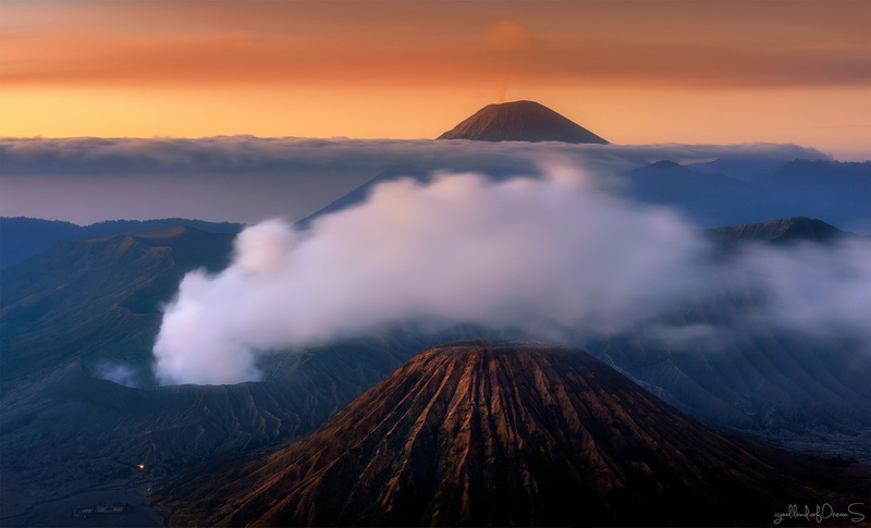 Tengger, active volcano Bromo, Java, 1080P, sunset, fog, clouds, the sky, volcanic complex-the Caldera TenGer, Indonesia