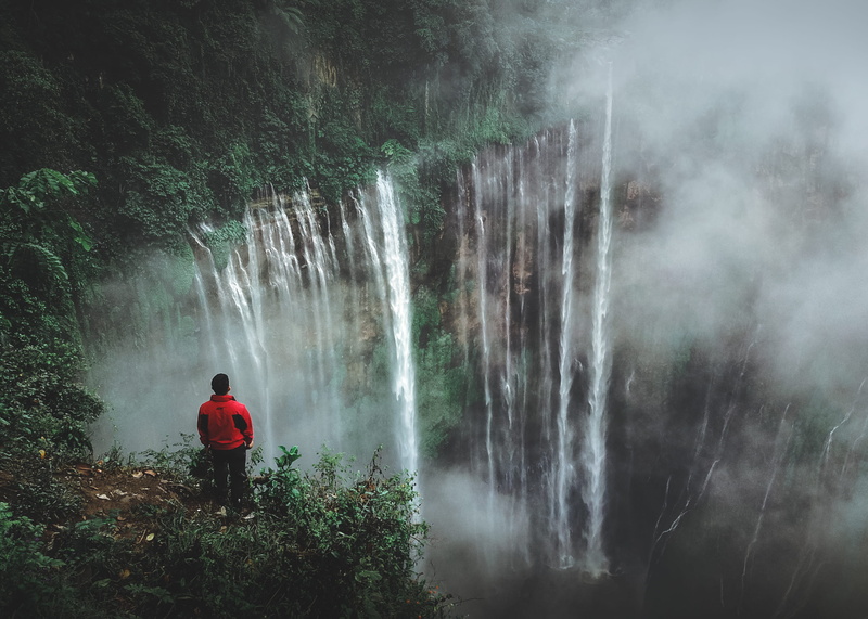 scenics - nature, trek, plant, outdoors, cliff, mountain, jungle, man, indonesia, leisure activity, red, daytime, motion, near, east java, person, jacket
