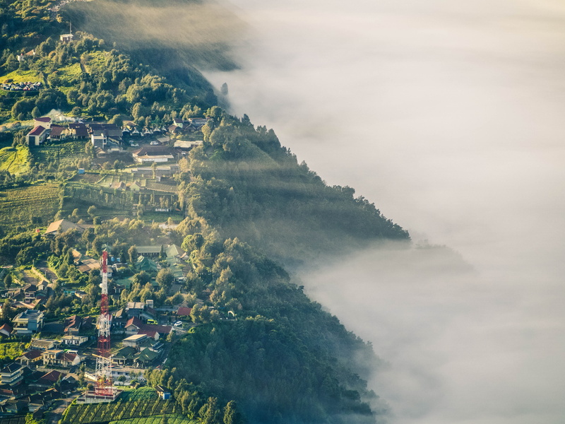 sky, foggy, tranquil scene, outdoors, aerial, building exterior, scenery, environment, tranquility, scenics - nature, homestay, beauty in nature, view point