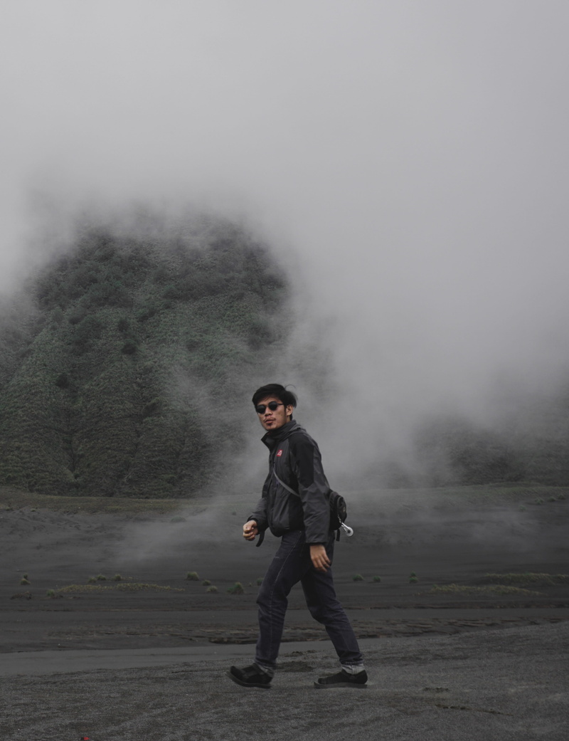fog, land, nature, indonesian, one person, standing, clothing, young men, bromo, day, 4K, casual clothing, suit, smoke - physical structure, real people