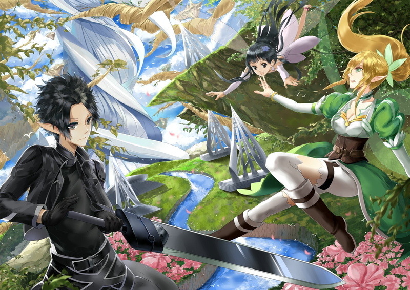 beautiful, elves, trees, alo, sao, 1080P, weapon, dress, girl, hair, sword, river, forest, bodice, fairy, kirito, online, yggdrasil, swordsman, long, yui