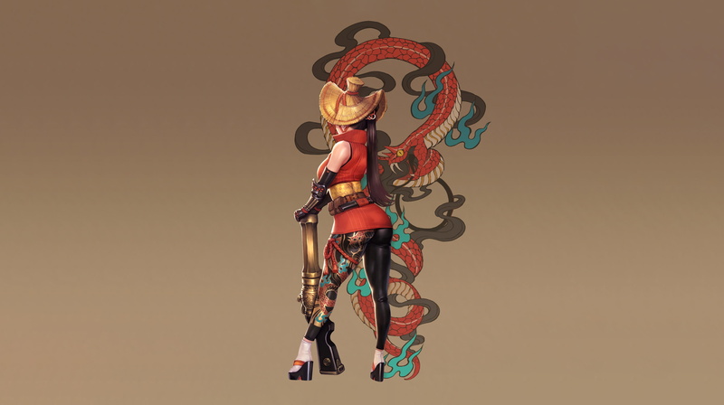 Weapon, Art, Figure, Samurai, Salamander, Minimalism, Background, Ren Wei Pan, Gun, Snake, Sexy, 4K, Girl, Body, Character, Japan, Fantasy, Style, Illustration