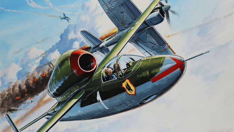 figure, cockpit, high angle view, airport, German single-engine jet fighter, outdoors, People Jager, flying, tilt, fighter, travel, Luftwaffe, turbine