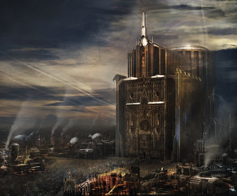 building Exterior, 000, Imperium of Mankind, urban Scene, day, cloud - Sky, tower, urban Skyline, reflection, sky, 40k, built Structure, castle, night