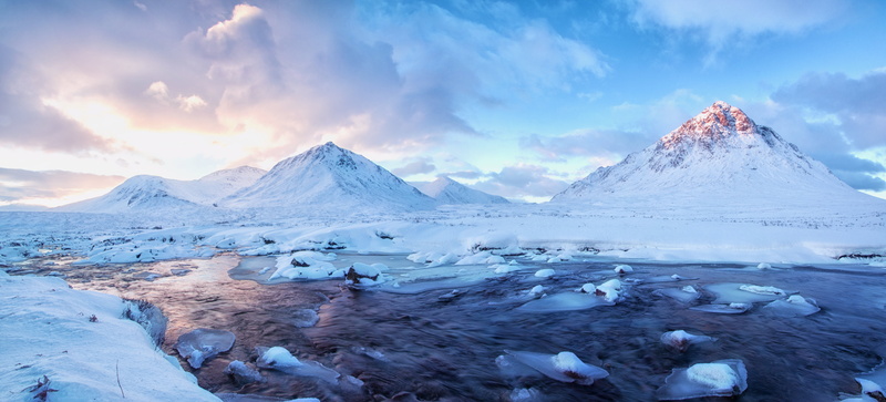 snow, mountain, travel, snowy, winter, West Highlands, panoramic, Scotland, na, Touched, blue, outdoors, sky, Buachaille Etive Mor, glacier, 5K, ice, scenics