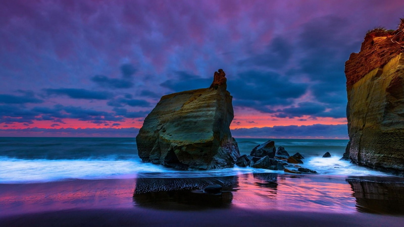 tasman sea, tranquility, horizon, sea, horizon over water, cloud - sky, evening, rock, calm, nature, new zealand, taranaki, eroded, reflection, coast, sky