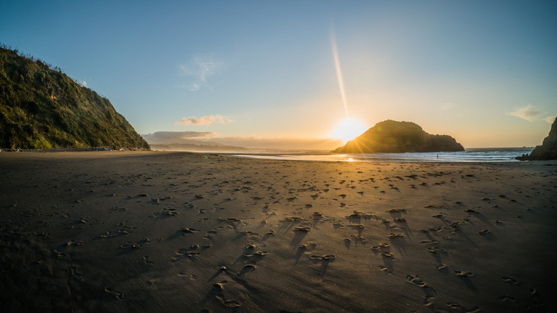 holidays, no people, lens flare, back beach, ocean, horizon, 4K, sunset, waves, new zealand, long exposure, scenics - nature, land, beach, new plymouth