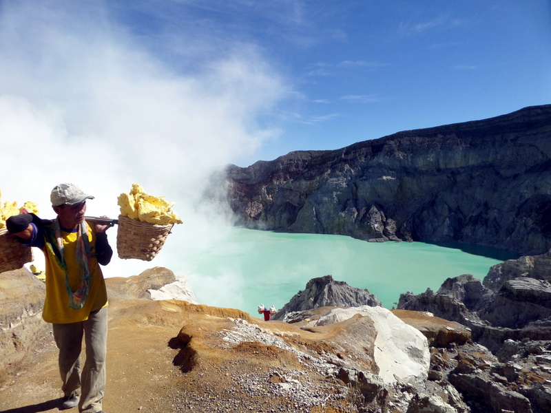 basket, real people, carrier, rock - object, volcanic crater, fog, outdoors, solid, walking, crater, geology, hard worker, dangerous, ijen, nature, men