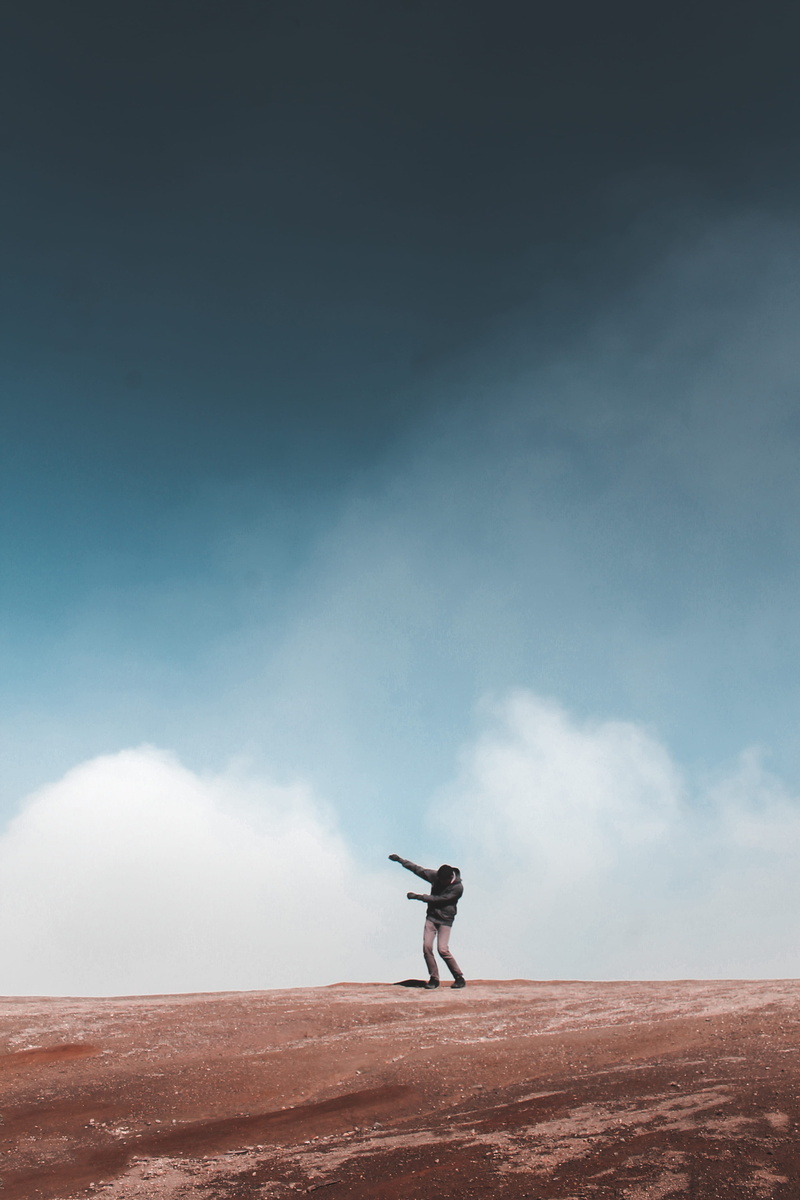 banyuwangi, environment, one person, mt ijen, cloud, leisure activity, tranquil scene, indonesia, landscape, man, standing, day, cloud - sky, human arm