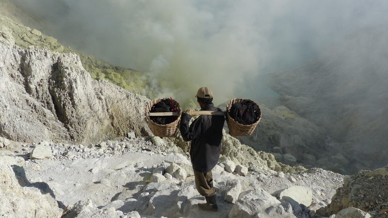 fog, sulphur, scenics - nature, solid, java, day, outdoors, beauty in nature, hiking, mountain range, nature, lifestyles, mountain, people, two people
