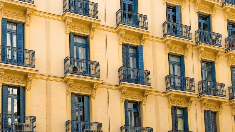 outdoors, balcony, day, georgian, building, building exterior, style, glass - material, Regency architecture, backgrounds, yellow, low angle view, nature