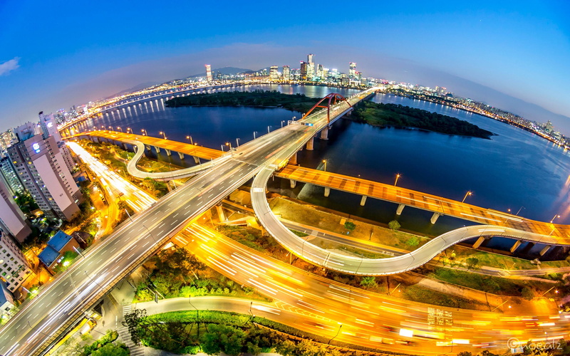 high angle view, grand, building exterior, nature, night, water, bridge - man made structure, south, mapo, connection, seogang, bridge, street, transportation
